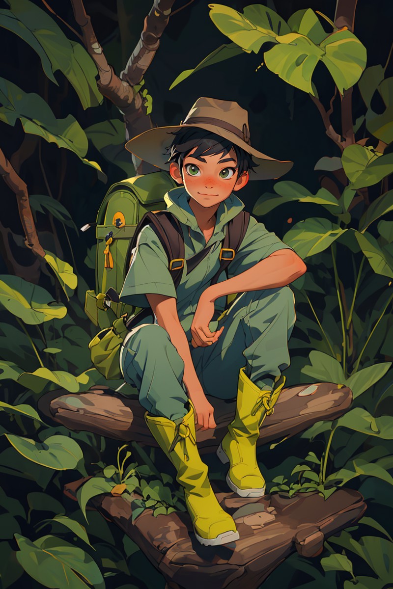 (masterpiece, best quality), 1boy, explorer, jungle, sitting, boots, hat, backpack